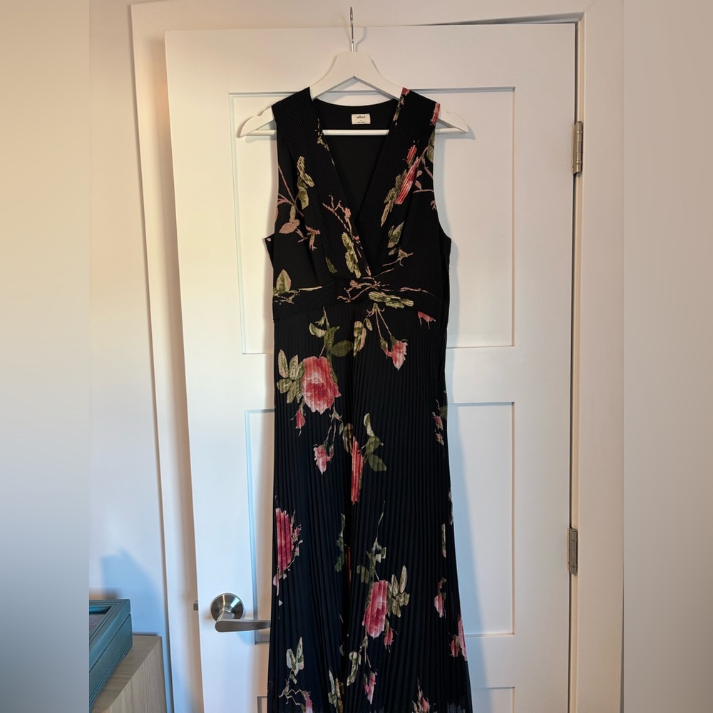 Artizia Wilfred Black Floral Pleated Maxi Dress with Pink Roses Sz. 8